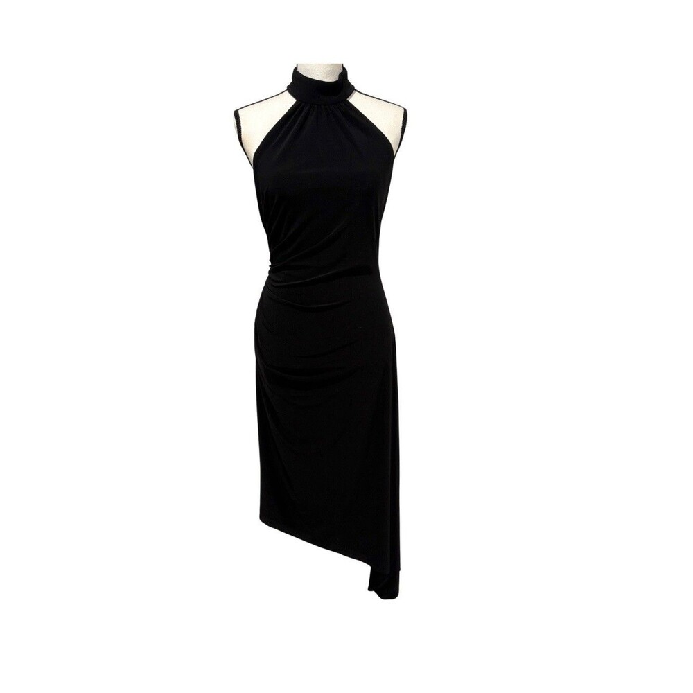 Black Halter Neck Ruched Sheath Midi Dress Lined Size 12